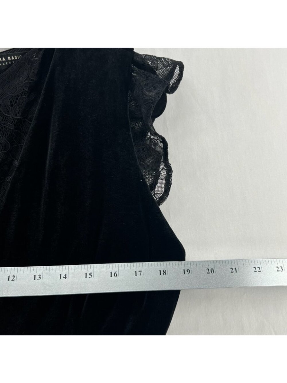 Zara Basic Velvet Lace Mini Dress Womens M Skater Fit Flare Flutter Sleeve Black - Picture 5 of 15